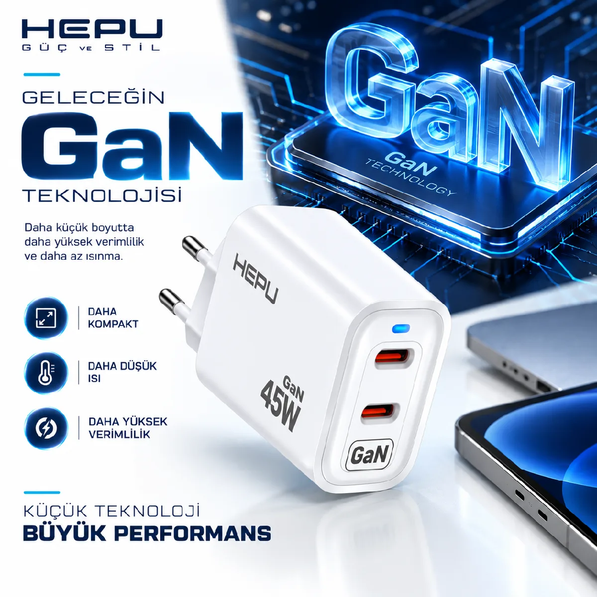 HEPU HP-AC06 45W GaN PD Şarj Adaptörü – Hızlı Şarj - Görsel 5