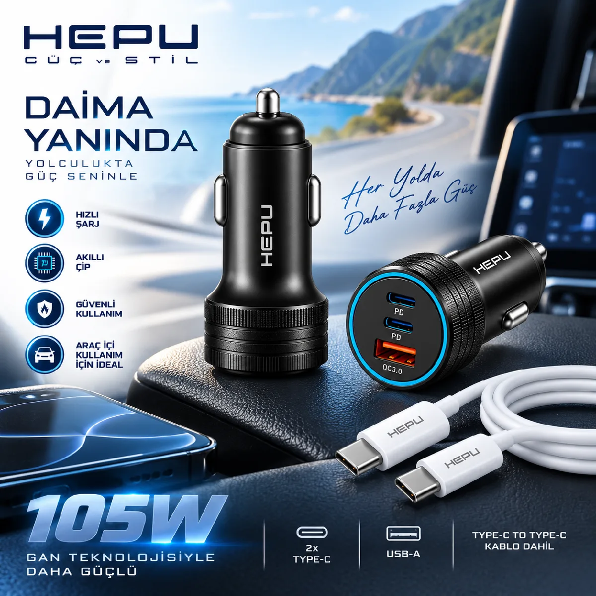 HEPU HP-AD02 105W Araç Şarj Cihazı – 3 Port, Hızlı Şarj, Type-C to Type-C Kablo Dahil - Görsel 7