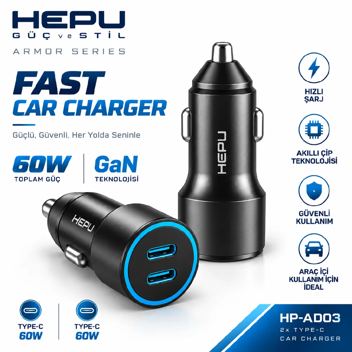 HEPU HP-AD03 60W Araç Şarj Cihazı – 2 Port, Hızlı Şarj - Görsel 4