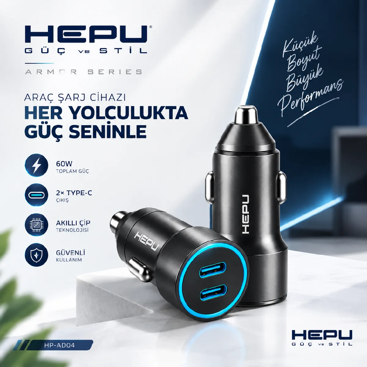 HEPU HP-AD04 60W Araç Şarj Cihazı – 2 Port, Hızlı Şarj, Type-C to Type-C Kablo Dahil - Görsel 6