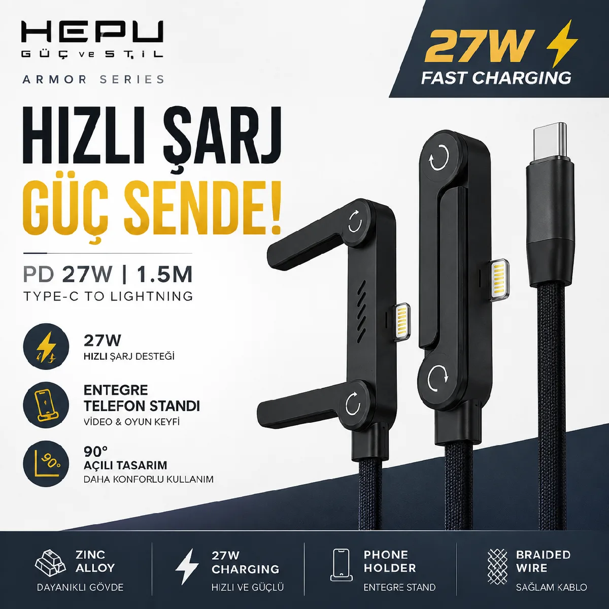 HEPU HP-ALC01 Armor Type-C to Lightning Hızlı Şarj Kablosu – 27W PD, Telefon Standlı Tasarım (1.5 Metre) - Görsel 4