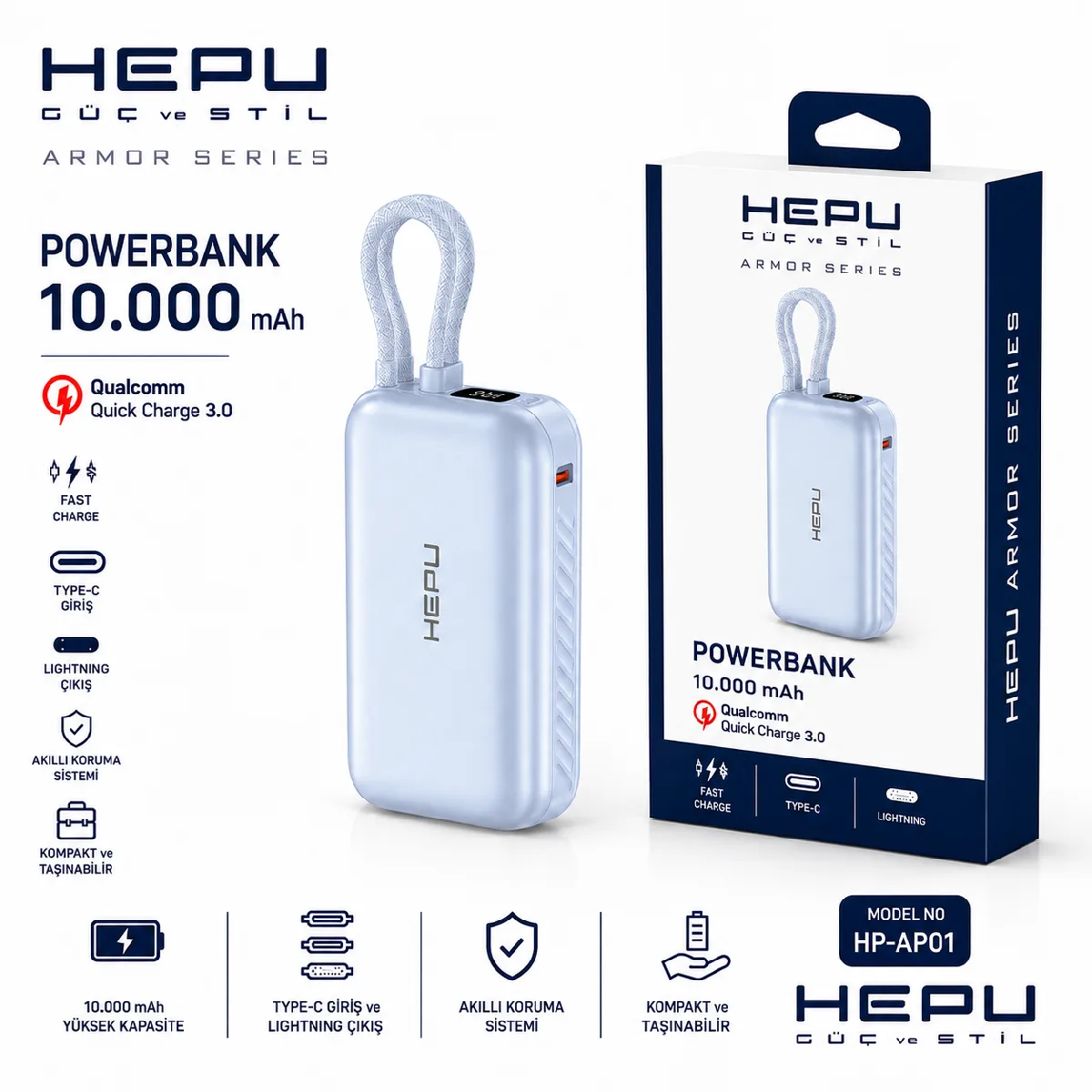 HEPU HP-AP01 Armor Powerbank – 10.000 mAh, Kendinden Kablolu Hızlı Şarj Destekli - Görsel 3