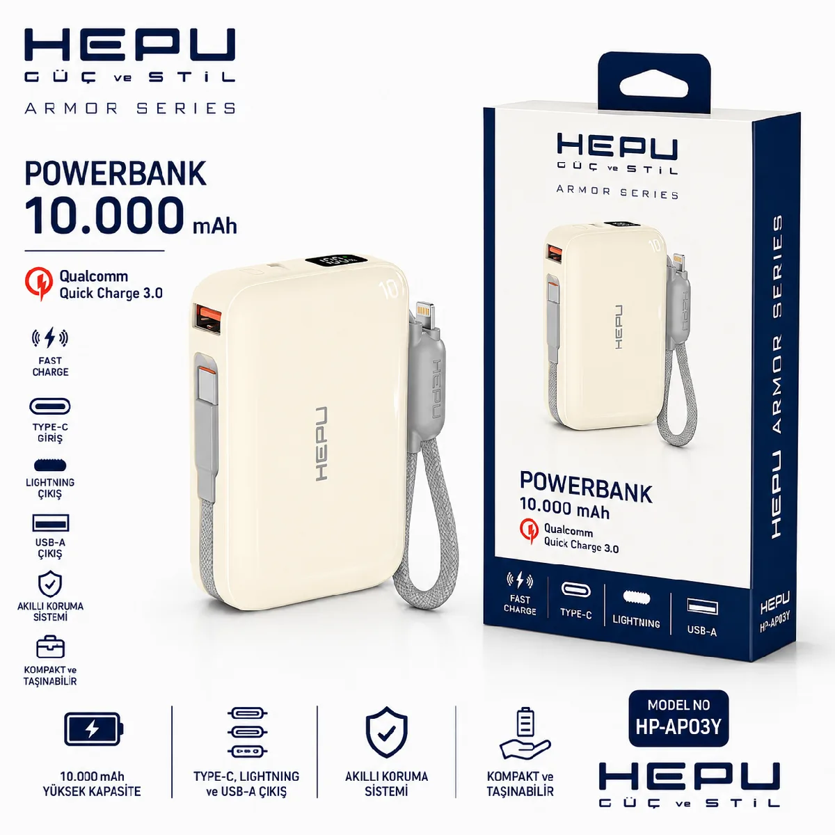 HEPU HP-AP03Y Armor Powerbank – 10.000 mAh, Type-C, Lightning ve USB-A Çıkışlı, Hızlı Şarj Destekli - Görsel 3