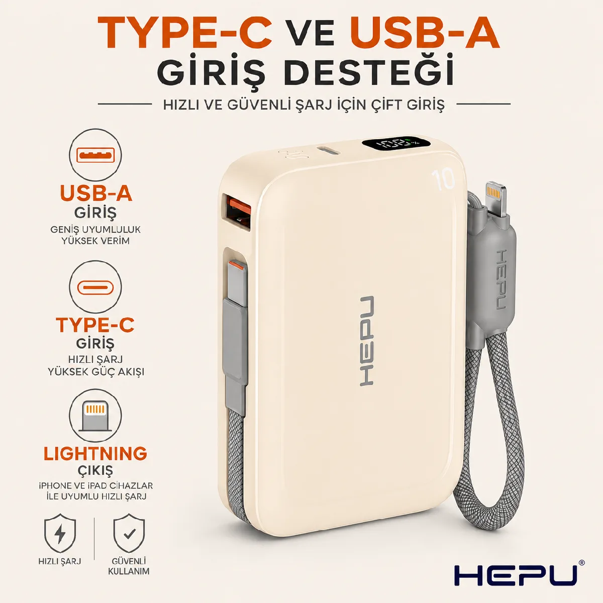 HEPU HP-AP04Y Armor Powerbank – 20.000 mAh, Type-C, Lightning ve USB-A Çıkışlı, Hızlı Şarj Destekli, Krem - Görsel 5