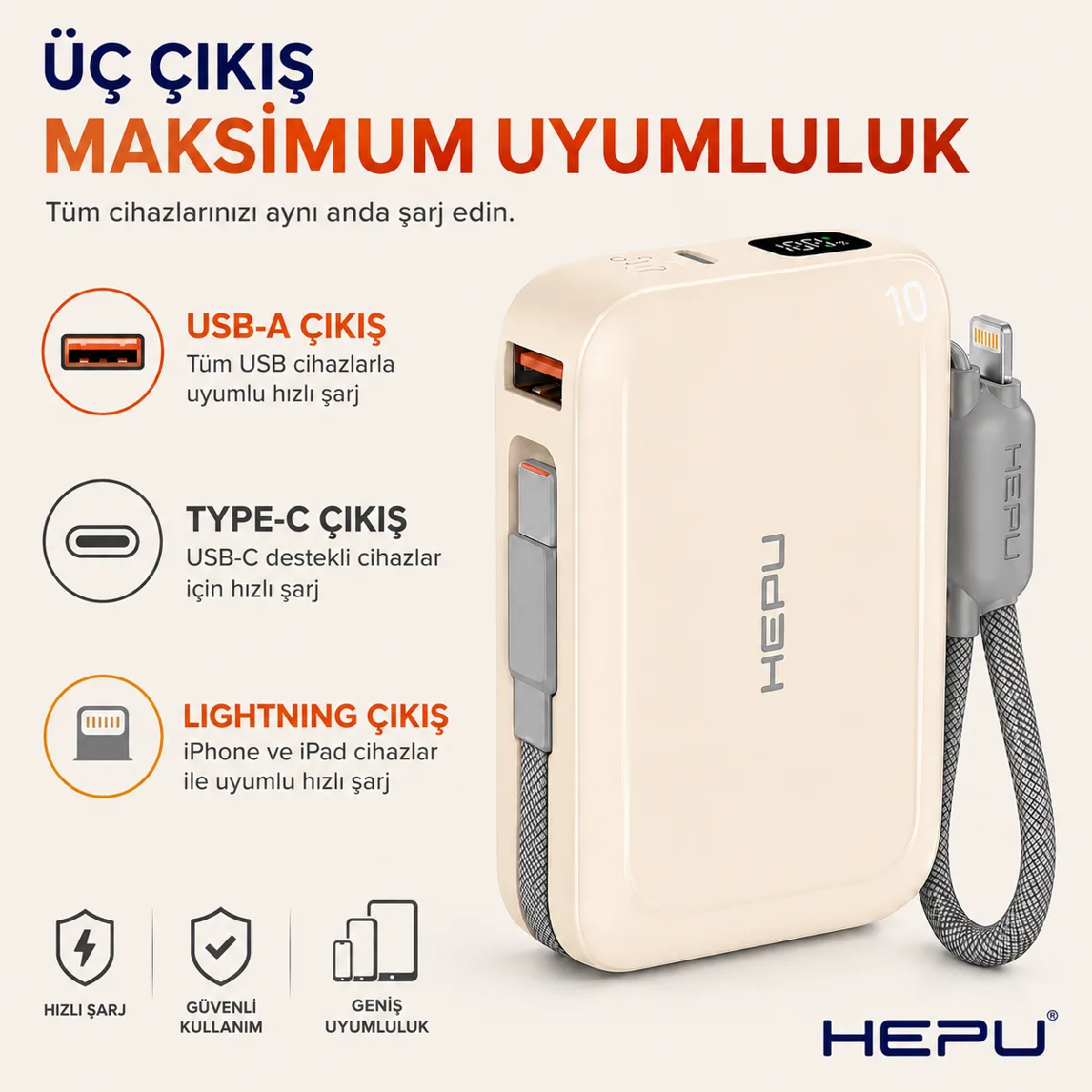 HEPU HP-AP04Y Armor Powerbank – 20.000 mAh, Type-C, Lightning ve USB-A Çıkışlı, Hızlı Şarj Destekli, Krem - Görsel 7