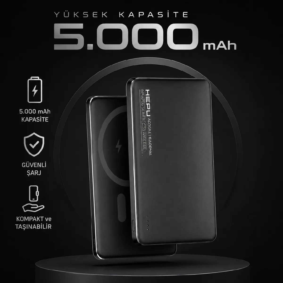 HEPU HP-AP06 Armor MagSafe Powerbank – 5.000 mAh, Kablosuz Hızlı Şarj, Siyah - Görsel 8