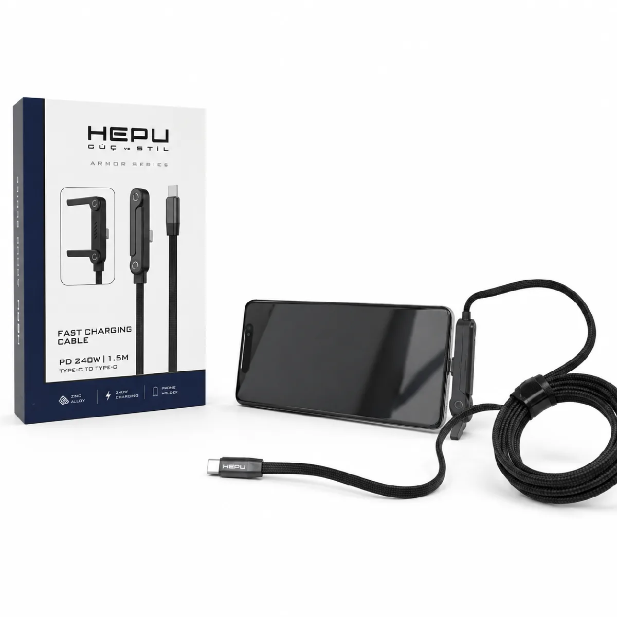 HEPU HP-ATC01 Armor Type-C to Type-C Hızlı Şarj Kablosu – 240W PD, Telefon Standlı Tasarım (1.5 Metre) - Görsel 4
