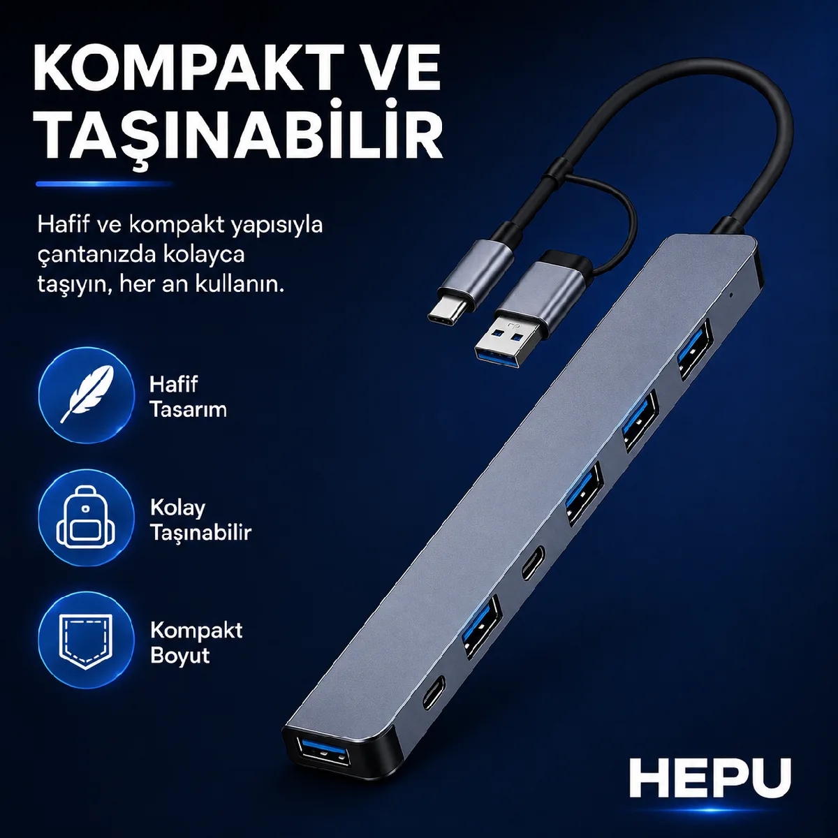 HEPU HP-B03 5-in-1 USB 3.0 HUB – 5 Portlu Çoklayıcı + Type-C ve USB-A Girişli + Alüminyum Gövde - Görsel 3