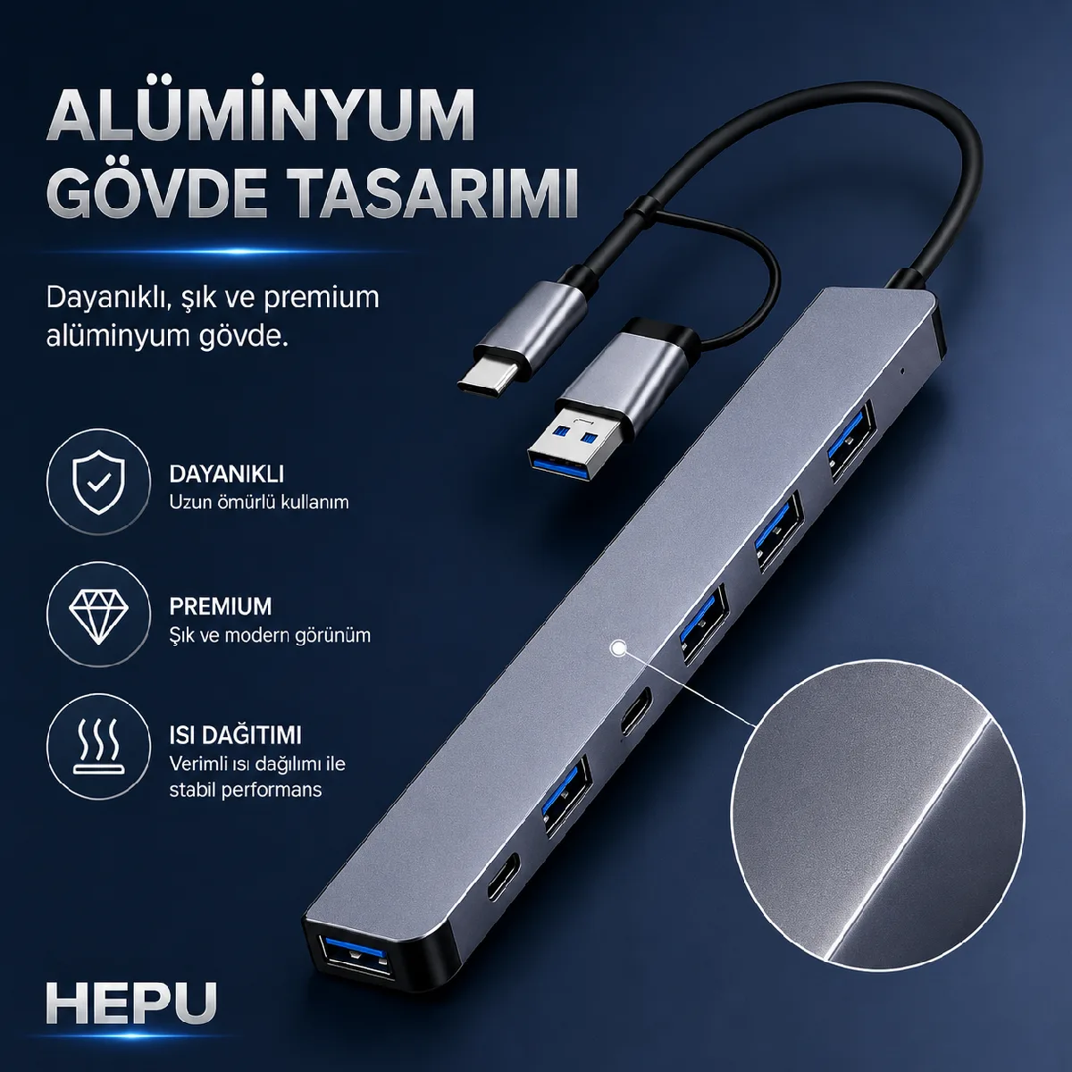 HEPU HP-B03 5-in-1 USB 3.0 HUB – 5 Portlu Çoklayıcı + Type-C ve USB-A Girişli + Alüminyum Gövde - Görsel 4