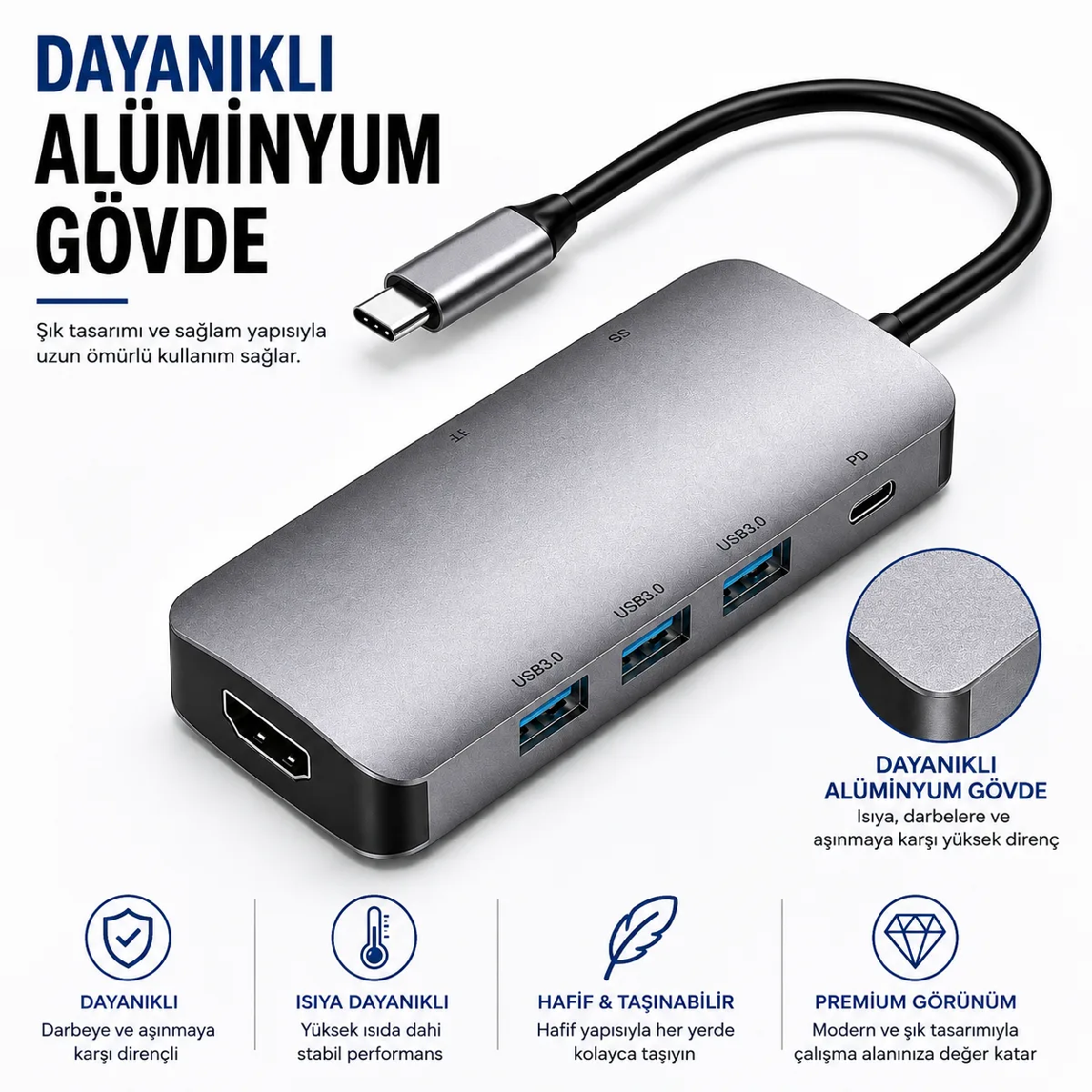 HEPU HP-B17 7-in-1 Type-C USB-C HUB – HDMI + 3x USB 3.0 + SD/TF Kart Okuyucu + Type-C PD Girişli Adaptör - Görsel 6