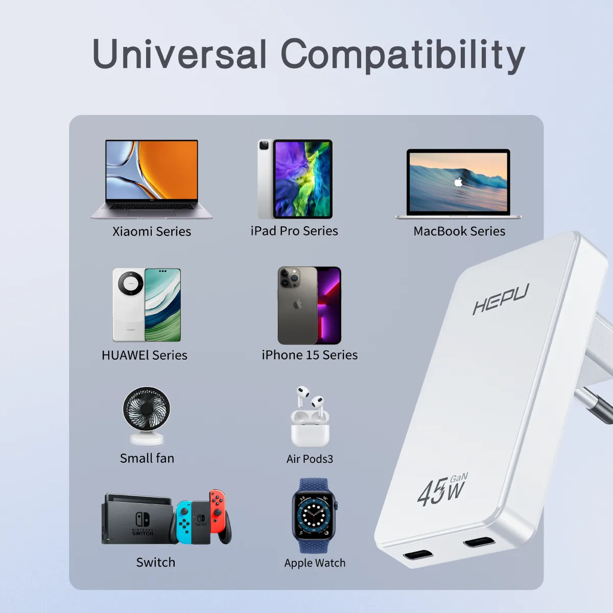 HEPU HP-C33 45W GaN Hızlı Şarj Adaptörü – Ultra İnce Tasarım Type-C Kablo Dahildir - Görsel 8