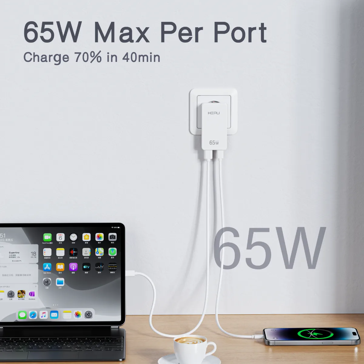 HEPU HP-C36 65W USB-C GaN Güç Adaptörü – Ultra İnce Tasarım, Hızlı Şarj Konforu (Type-C Kablo Dahildir) - Görsel 6