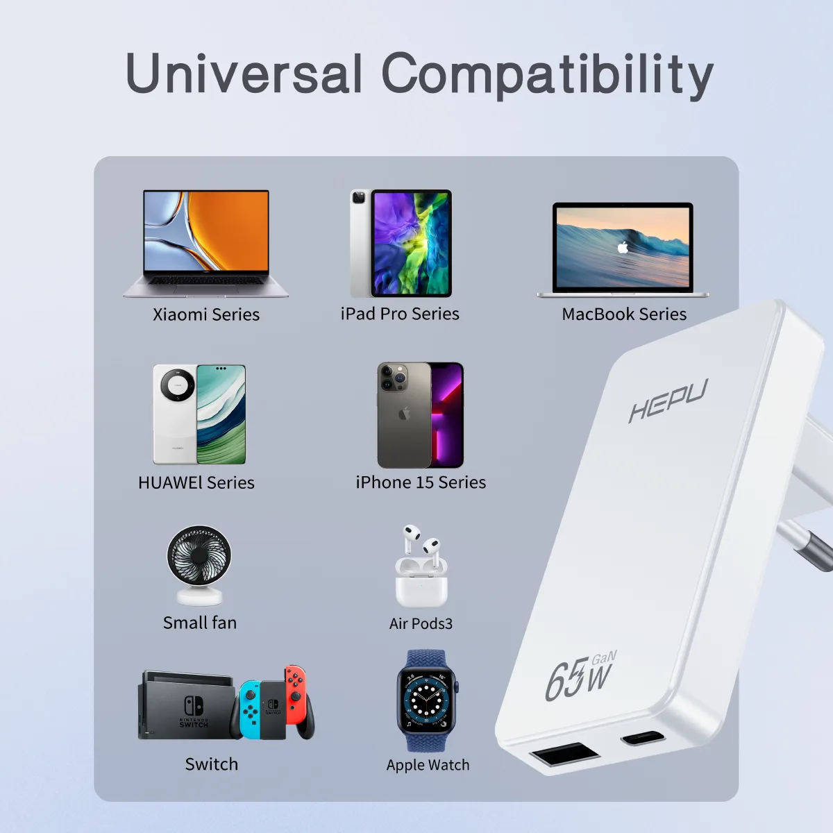HEPU HP-C36 65W USB-C GaN Güç Adaptörü – Ultra İnce Tasarım, Hızlı Şarj Konforu (Type-C Kablo Dahildir) - Görsel 8