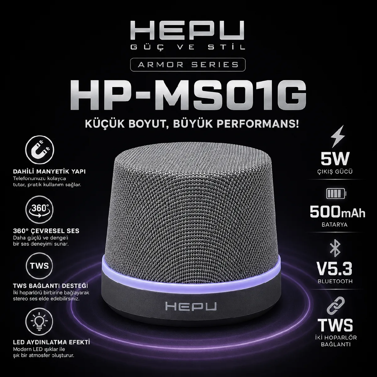 HEPU HP-MS01 Gri Armor Manyetik Bluetooth Hoparlör – 5W Ses Çıkışı, Bluetooth 5.3, TWS Destekli - Görsel 3