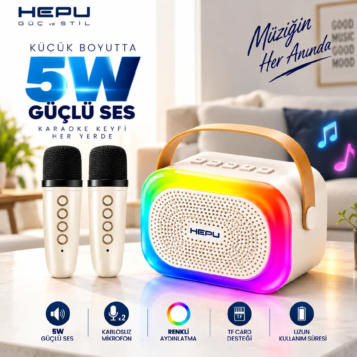 HEPU HP-MS02 5W Kablosuz Karaoke Hoparlör – 2 Mikrofonlu, RGB Işıklı - Görsel 4