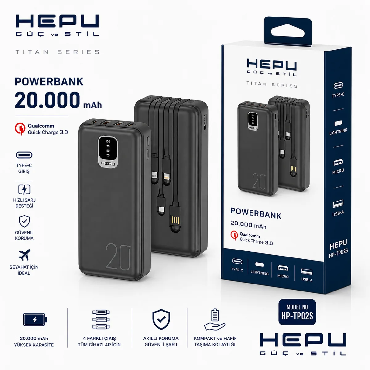 HEPU HP-TP02S Titan Series Powerbank – 20.000 mAh, 4 Entegre Kablolu, Dijital Göstergeli, Siyah - Görsel 3