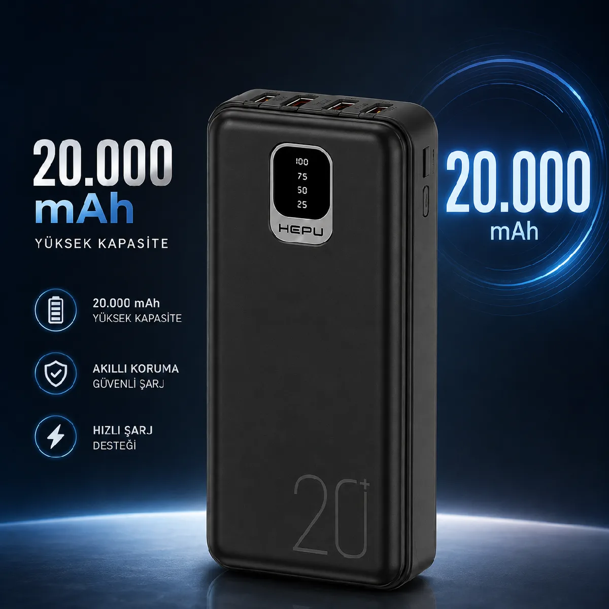 HEPU HP-TP02S Titan Series Powerbank – 20.000 mAh, 4 Entegre Kablolu, Dijital Göstergeli, Siyah - Görsel 4