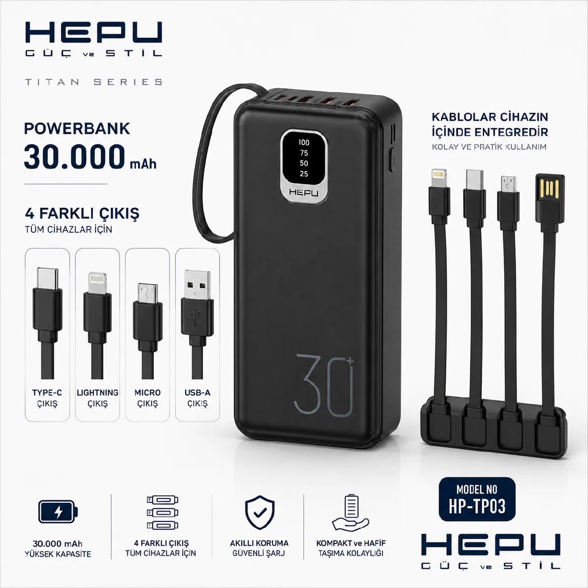 HEPU HP-TP03S Titan Series Powerbank – 30.000 mAh, 4 Entegre Kablolu, Dijital Göstergeli, Siyah - Görsel 2