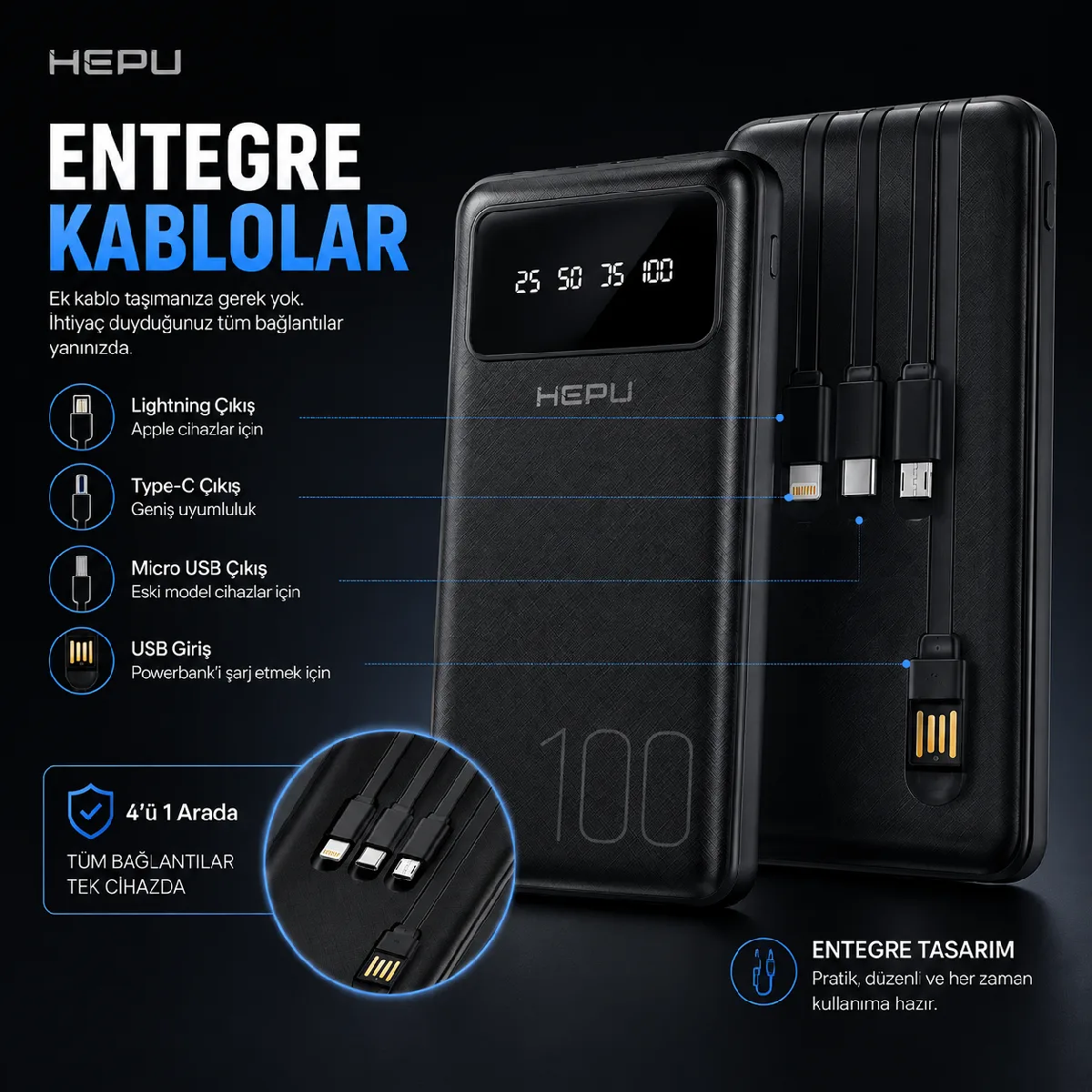 HEPU HP-TP04S Titan Series Powerbank – 10.000 mAh, 4 Entegre Kablolu, Dijital Göstergeli, Siyah - Görsel 2