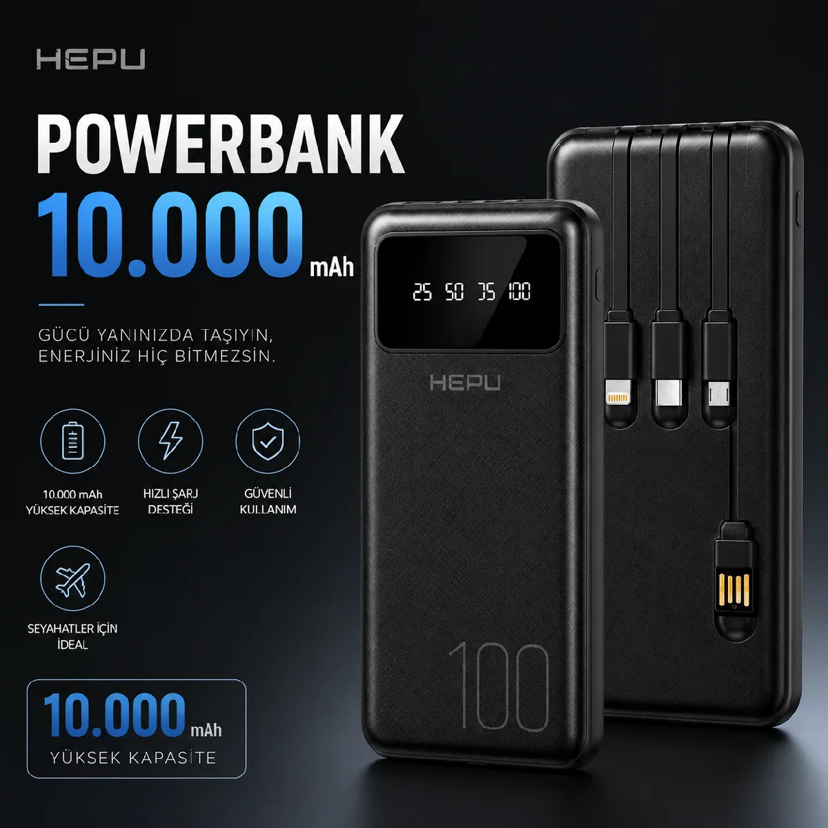 HEPU HP-TP04S Titan Series Powerbank – 10.000 mAh, 4 Entegre Kablolu, Dijital Göstergeli, Siyah - Görsel 3