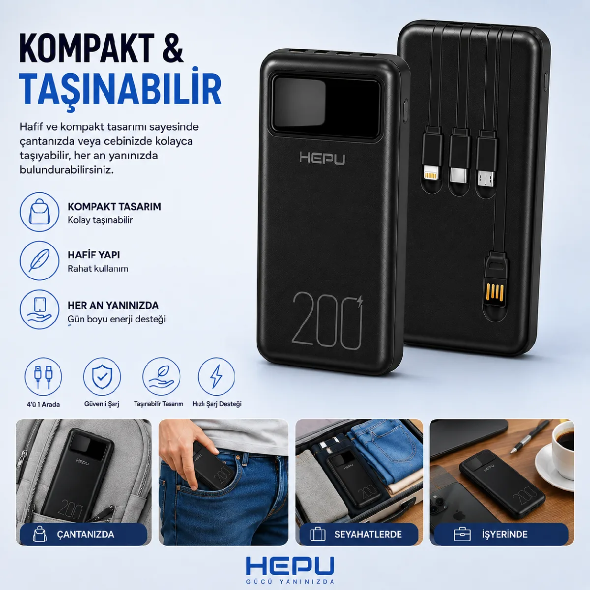 HEPU HP-TP05S Titan Series Powerbank – 20.000 mAh, 4 Entegre Kablolu, Dijital Göstergeli, Siyah - Görsel 6