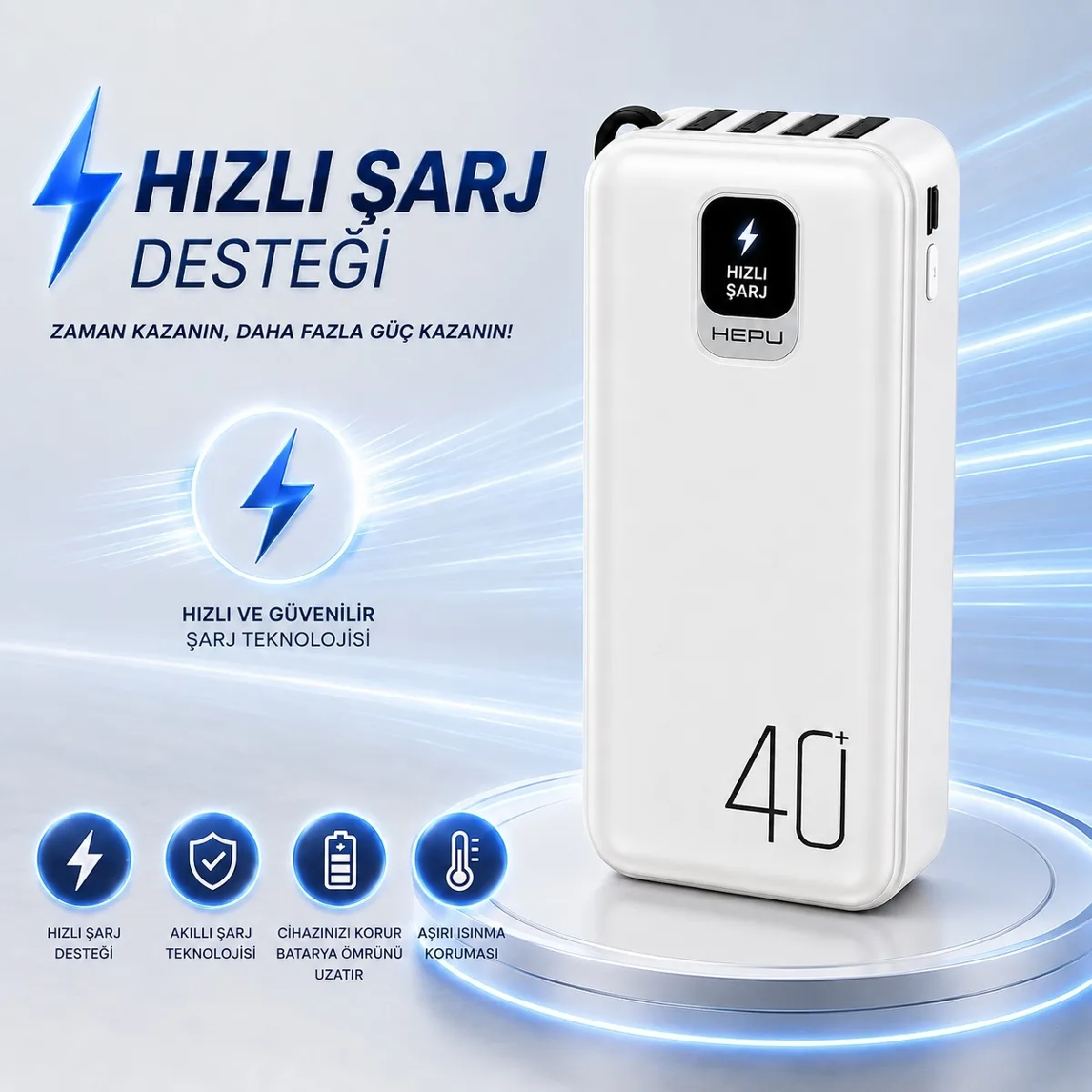HEPU HP-TP08 Titan Series Powerbank – 40.000 mAh, 4 Entegre Kablolu, Dijital Göstergeli, - Görsel 7