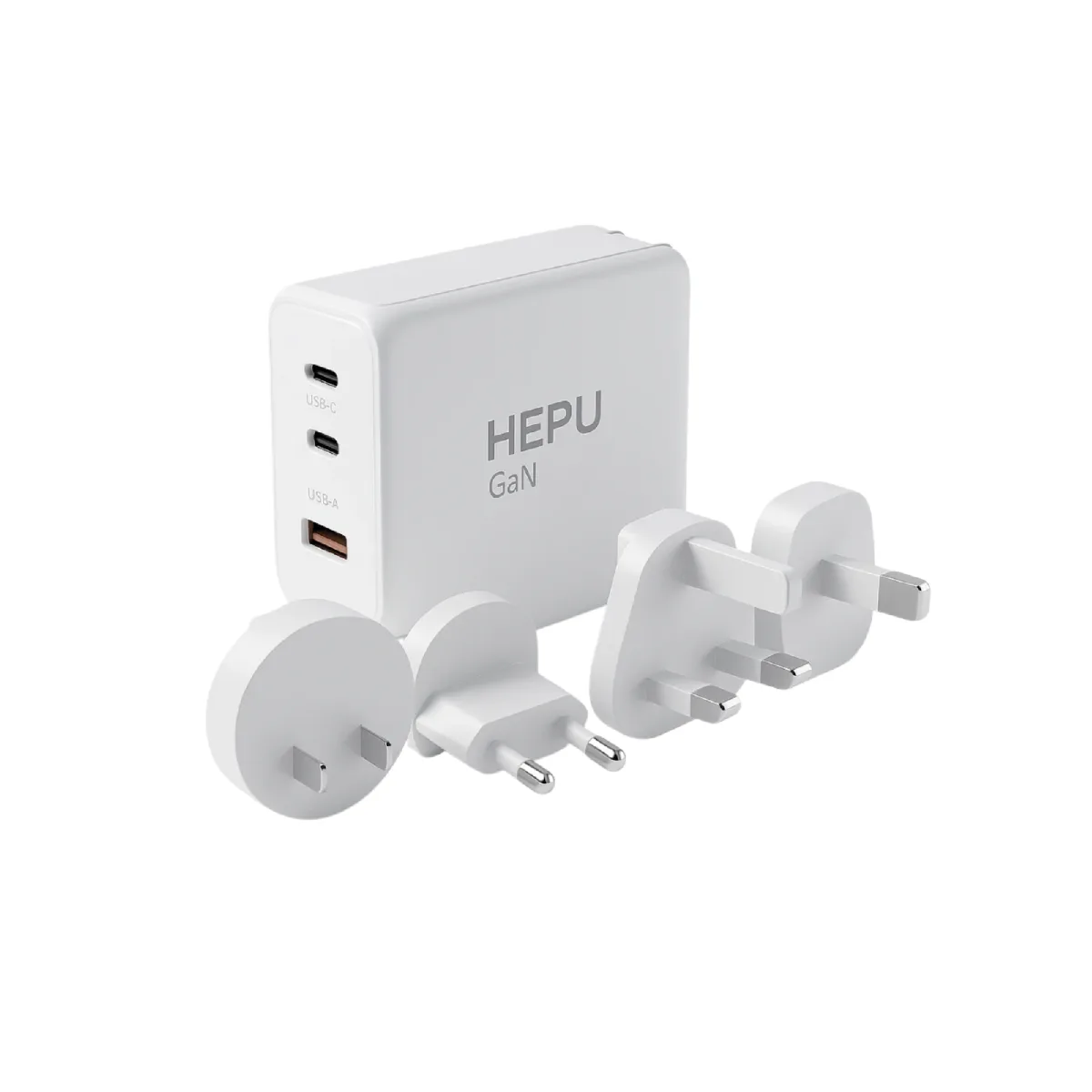 HEPU HP304 100W GaN Seyahat Adaptörü – 4 Farklı Ülke Uyumlu Başlık