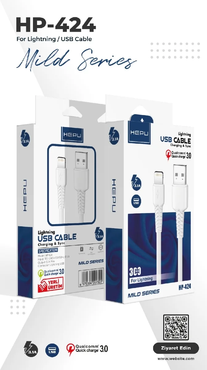 HEPU iOS HP-424 MILD USB Kablo – iPhone & iPad Uyumlu Dayanıklı Şarj Kablosu (30 cm)