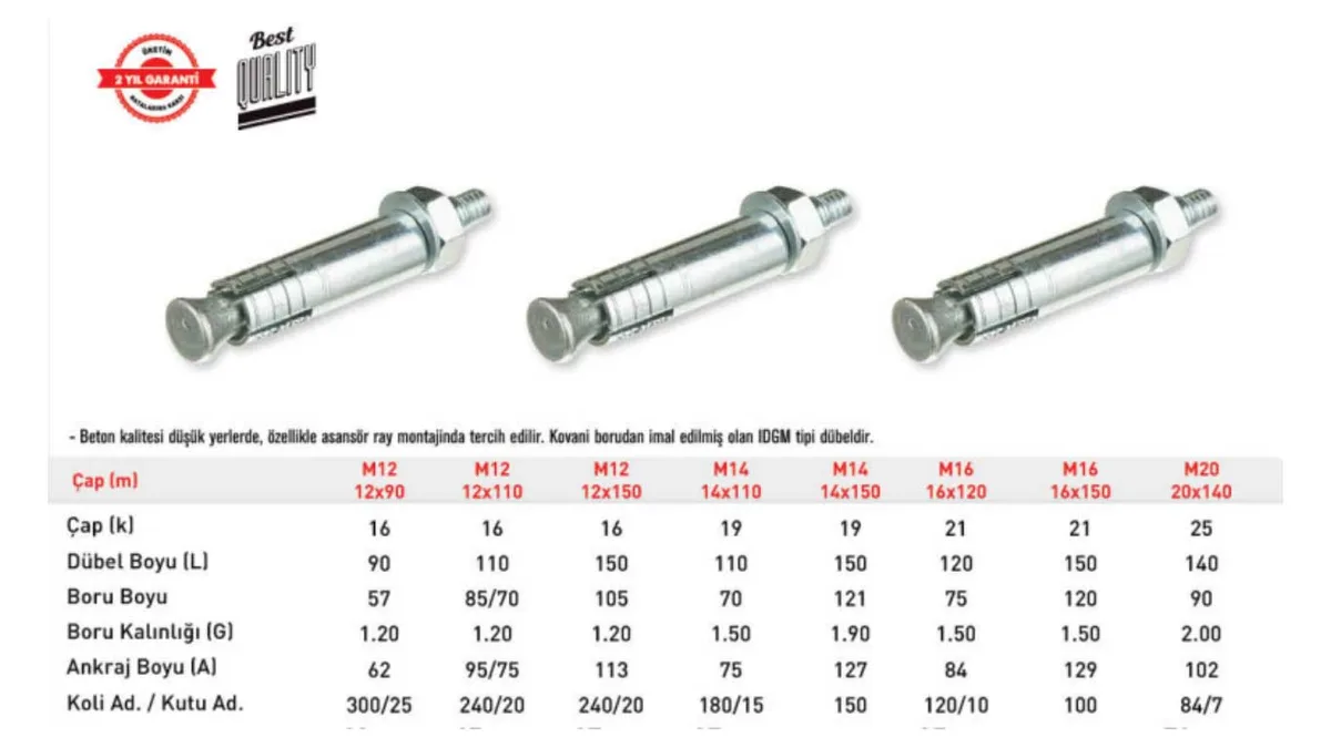 TOMAX Borulu Çelik Dübel M12X150 mm 20 Adet - Görsel 2
